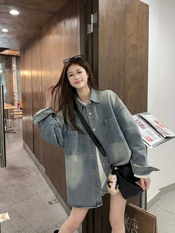 New spring loose large version slim retro gradient denim shirt jacket for women