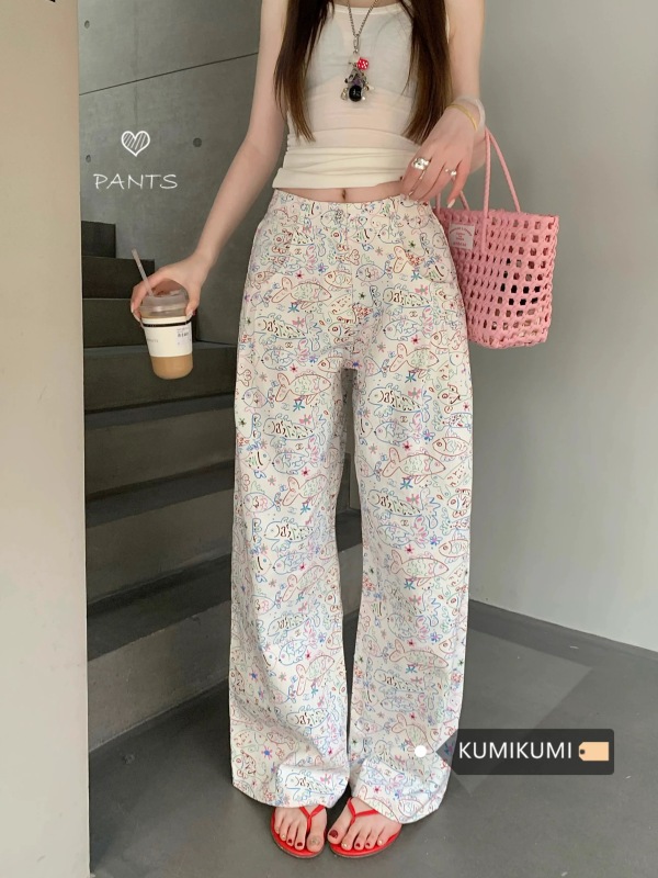 Scented grandma fish pants for women white cartoon printed straight wide-leg pants for women hot girls loose casual floor pants