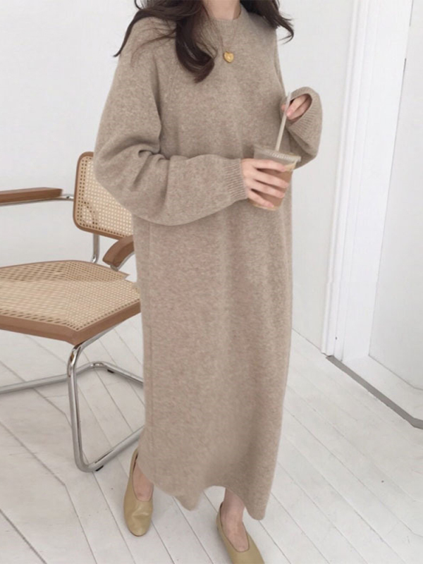 Korean chic minimalism autumn and winter temperament round neck solid color loose casual long sleeve knitted dress long skirt