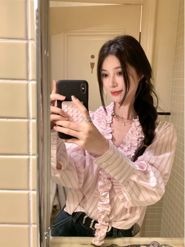 March Celery Pale Pink V-neck Striped Long Sleeve Shirt Spring and Autumn Top for Women