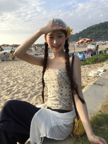 French retro hot girl printed sleeveless vest for women in summer design short slim pure strapless top