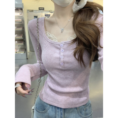 Autumn and winter Korean style square neck lace spliced ​​pure desire button design versatile long-sleeved inner T-shirt top