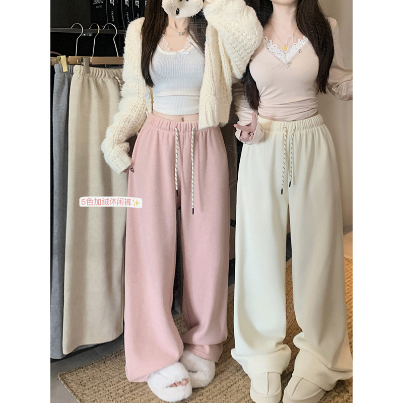 Winter cashmere pants plus velvet thickened drawstring draped wide-leg pants casual pants for women