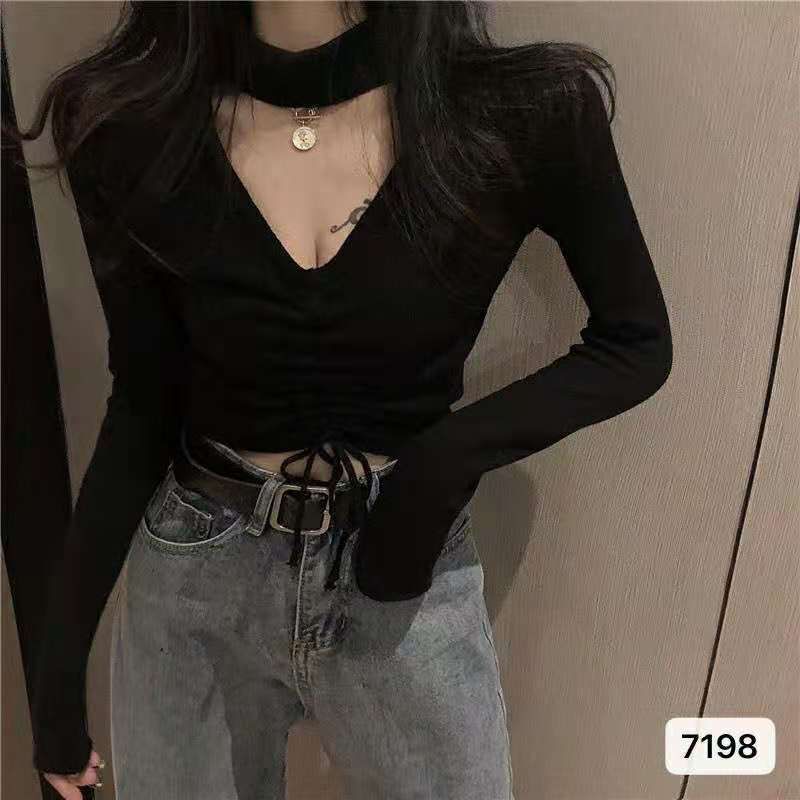 Short Cubic Top New Sexy V-neck Long Sleeve Knitted Sweater