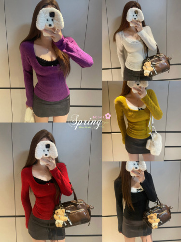 Early spring new pure square collar hollow sweater for women with layered lace slings
