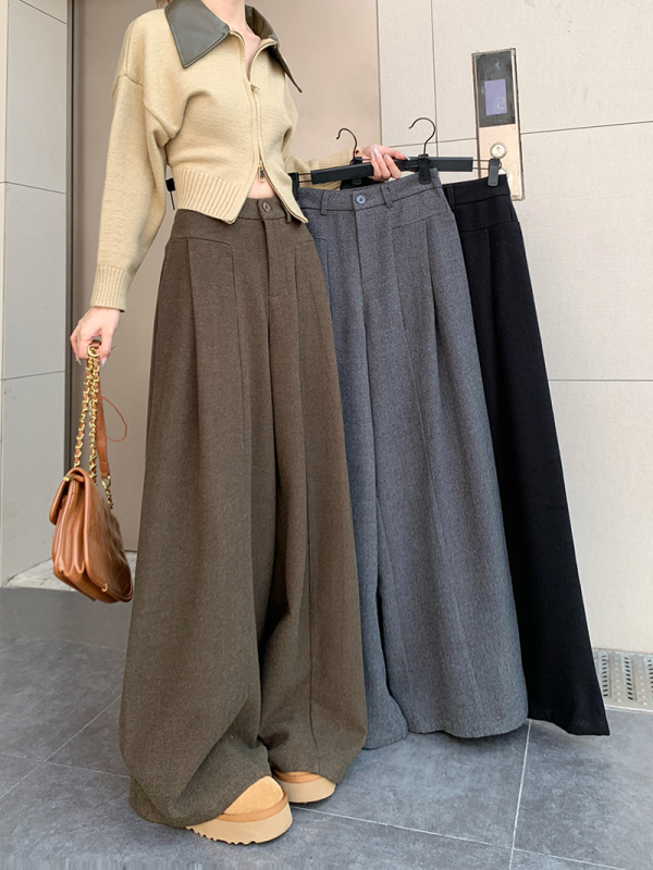Lazy style design-sensing loose casual pants woolen pants for women in autumn and winter high-waisted slimming wide-leg pants floor-slimming pants