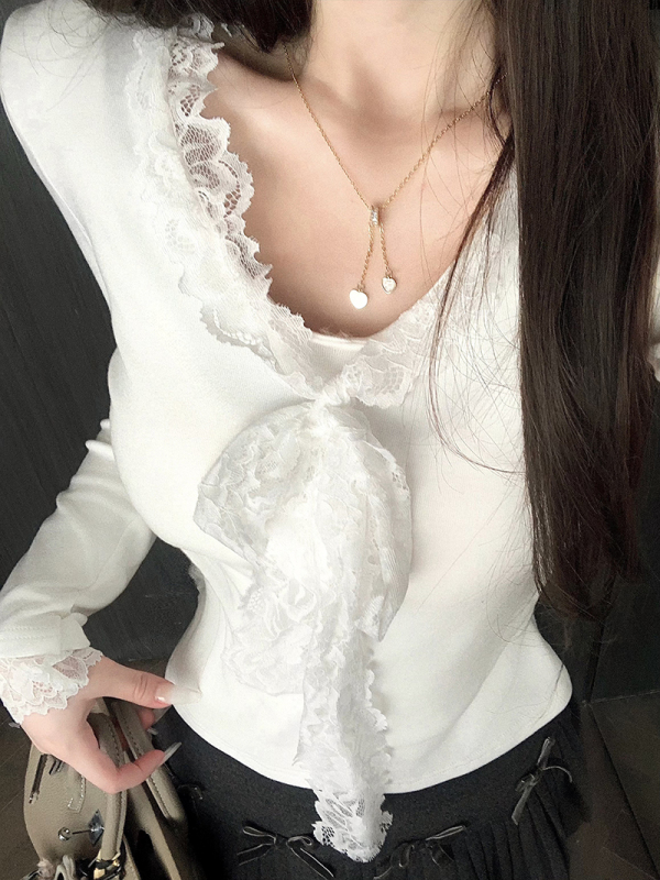 Lace lace lace bow design long-sleeved T-shirt slim versatile top