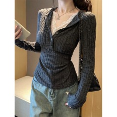 Cotton pit strip grinding original quality fake two-piece grinding knitted base shirt for women slim lace top