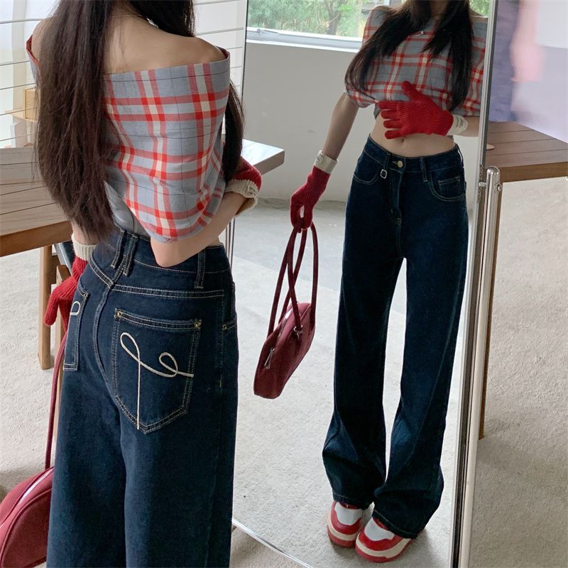 Retro high-waisted slim straight trousers and trousers Loose design dark blue jeans floor