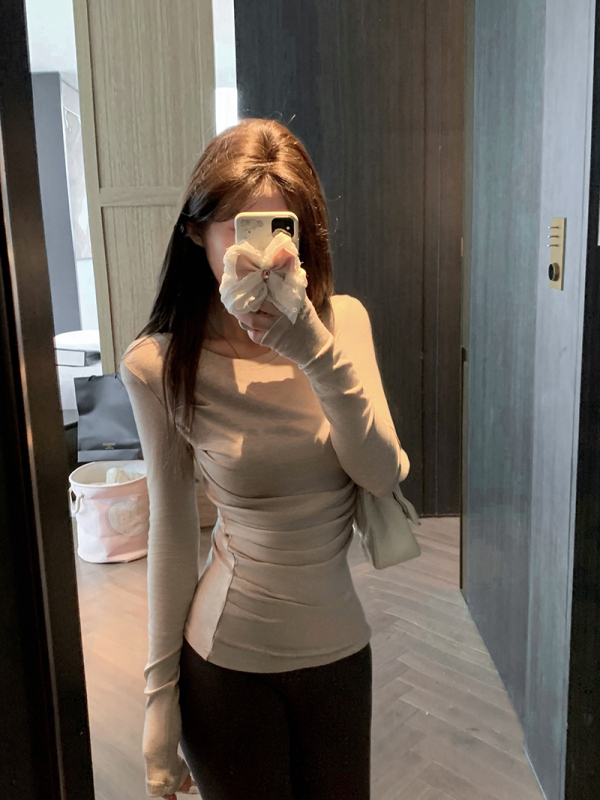 Simple and fashionable basic pleated round neck basic base T-shirt top