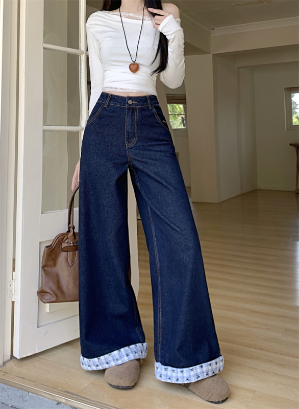 American letter embroidered bow plaid spliced ​​jeans spring loose wide-leg floor trousers