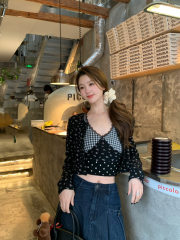 Early spring sweet plaid spliced ​​floral sleeveless vest + short floral cardigan two-piece set