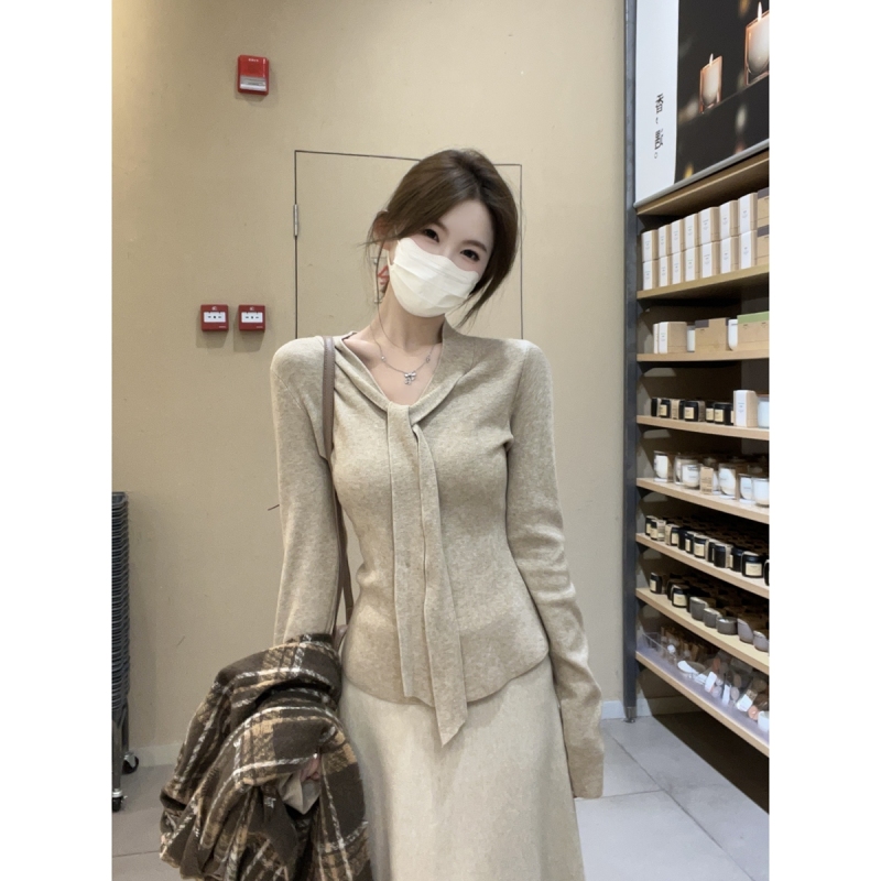 Pure lace-up v-neck slim design Andy velvet sweater base sweater