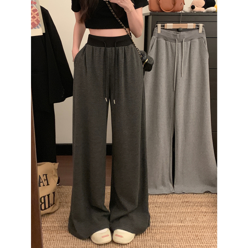 2025 spring lazy style drawstring wide-leg pants elastic waist casual loose straight pants for women