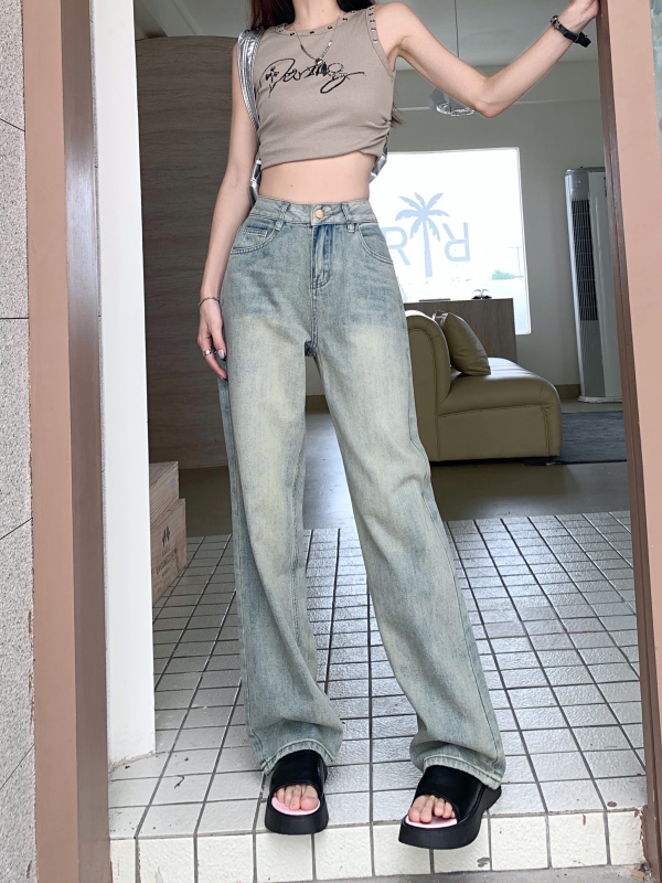 Design-sensual retro blue high waist slim loose straight pants floor-moving pants denim trousers