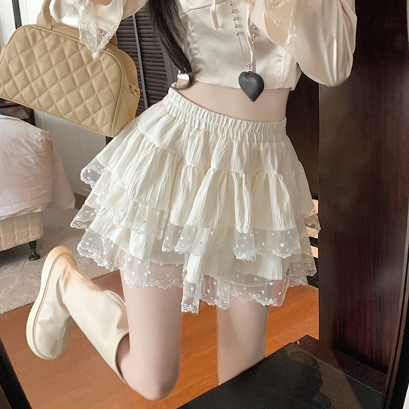Spring ballet style lace skirt cake skirt for women high waist anti-exposure puffy skirt short skirt