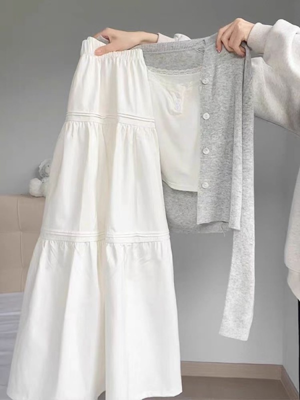 French white skirt for women mid-length new spring and summer elastic waist to make you look thin and droopy A-line skirt
