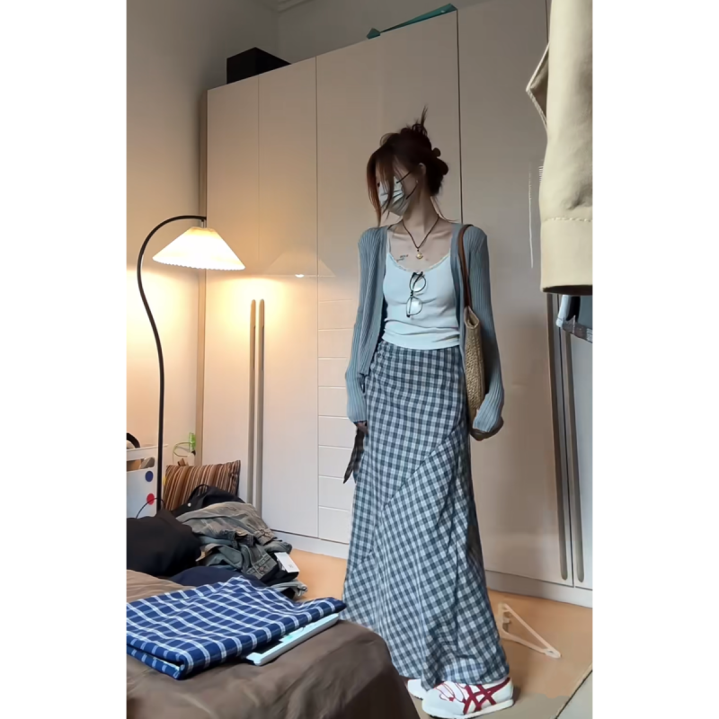 Retro girl pit knitted cardigan + plaid strap skirt