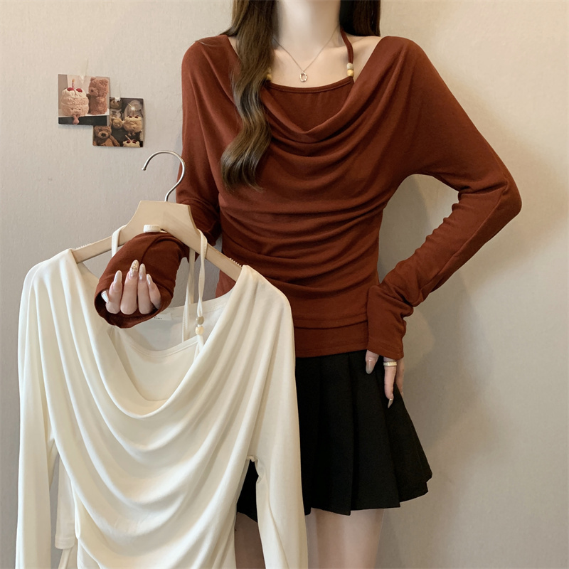 Autumn new retro French retro fake two-piece one-shoulder halter neck long sleeve sweater for women