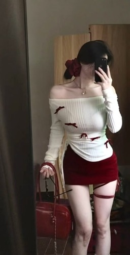 Velvet bow, one-length collar base shirt for women in autumn and winter warm long-sleeved top + red skirt