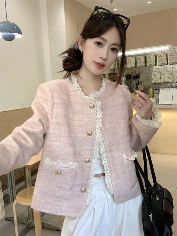 Small fragrance style plus cotton jacket for women in winter tweed spliced ​​lace velvet top