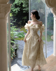 French retro fairy dress with high-end temperament niche Tsai gentle off-shoulder long skirt
