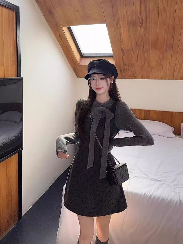 French style golden dot dress suit for women's spring new bow long-sleeved T-shirt layered two-piece set