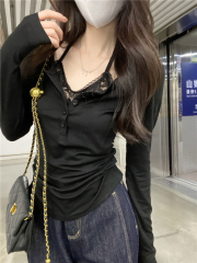 2025 spring ascetic lace inner halter neck pure desire base shirt is easy to wear to make you look thin