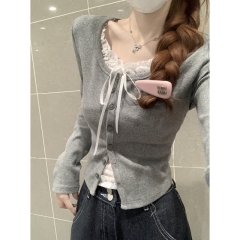 Korean version of pure lace color-blocking single-breasted fake two-piece long-sleeved base shirt T-shirt top for women