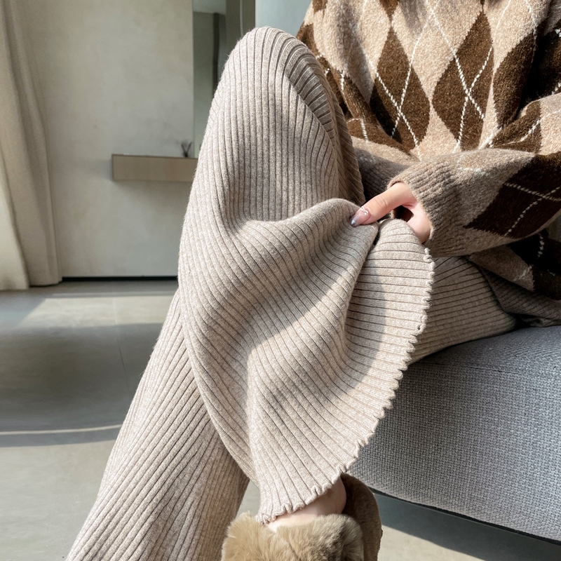 New autumn and winter style plush fleece trousers knitted pants soft glutinous straight wide-leg casual floor pants for women