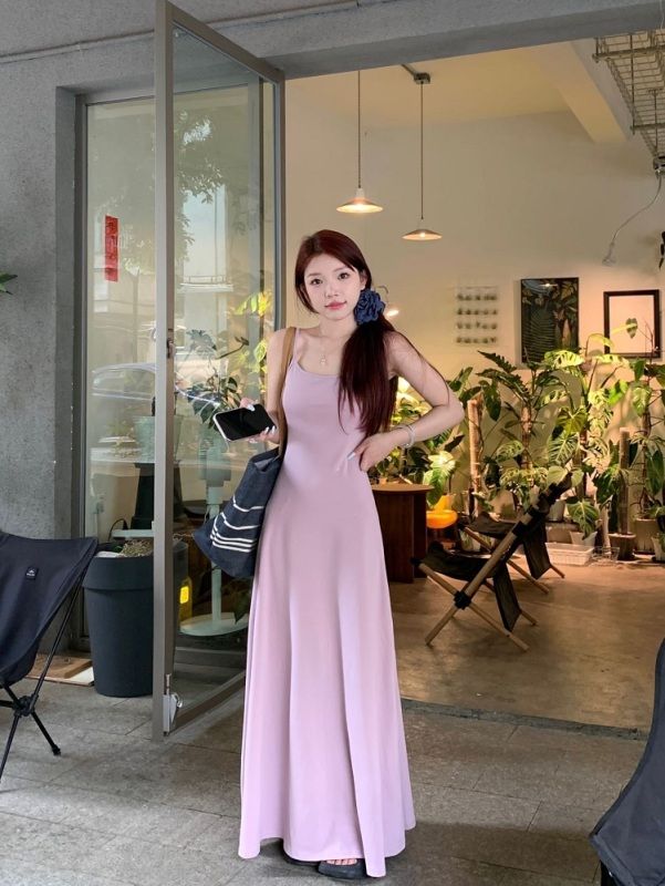 Gentle style solid color self-catering breast pad suspender dress summer waist-hugging temperament A-line skirt slim long skirt
