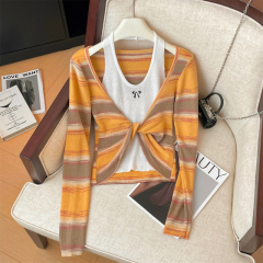 Korean-style two-piece knitted tops for early autumn for women, new style for women, slim neck halter temperament striped long sleeves
