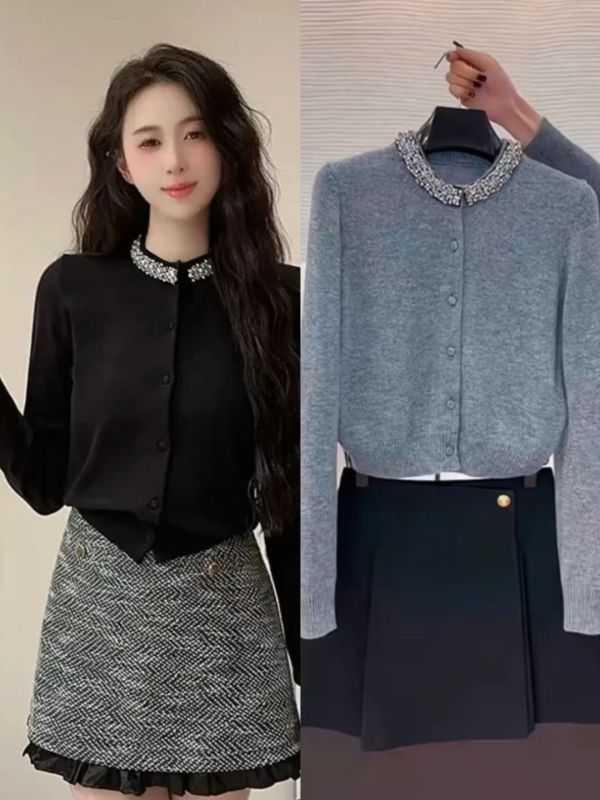 Simple and fashionable diamond-inlaid top knitted cardigan slim round neck long sleeve new single-breasted chic casual