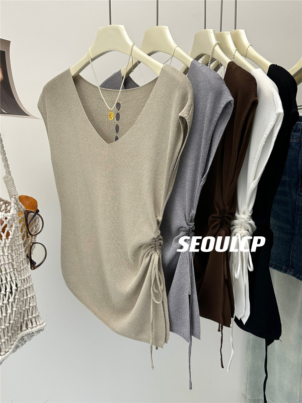 Korean back hollow ice silk sweater for women in summer slim drawstring short-sleeved top