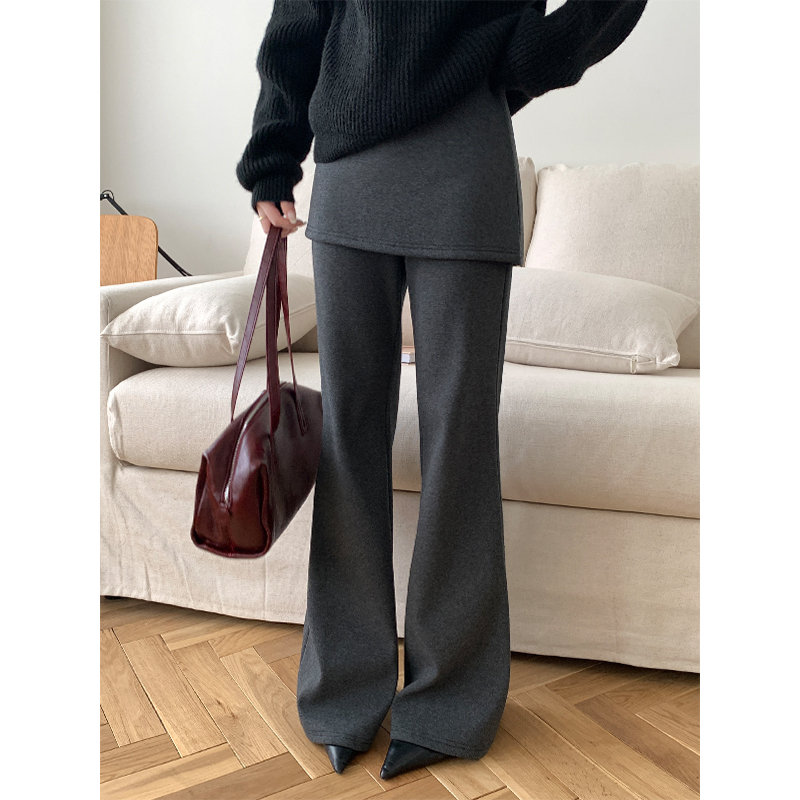 Hot girl spliced ​​apron fake two-piece casual pants for women's design high-waisted plus velvet slim fit floor pants