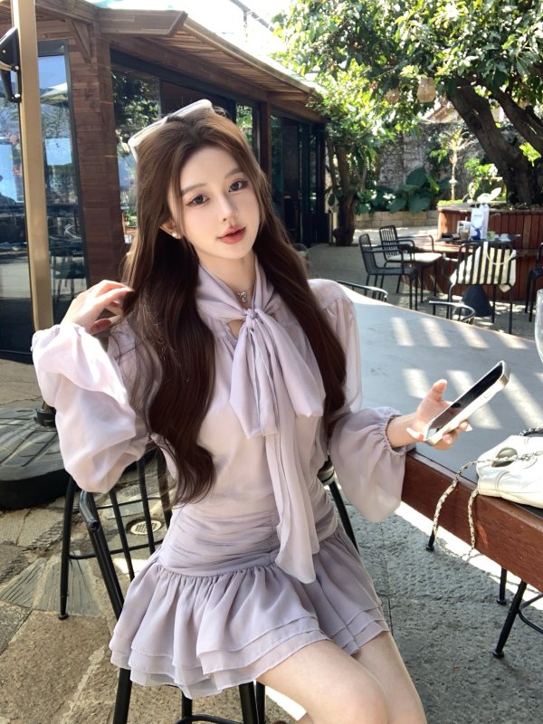 Bow shirt slimming skirt short skirt two-piece suit