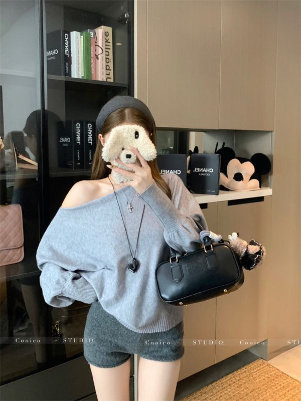off-shoulder pullover sweater women's winter niche loose knit top for women
