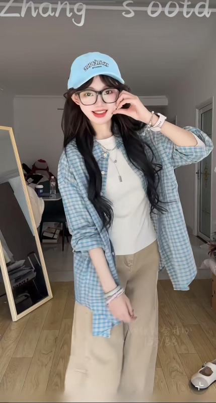 Korean retro blue plaid polo collar shirt jacket for women in spring and autumn college style high-end versatile shirt trend