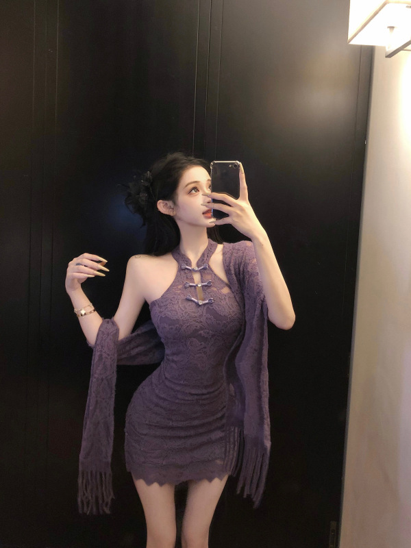 New Chinese style autumn and winter off-shoulder lace neck halter dress for women with base slim fit shawl set