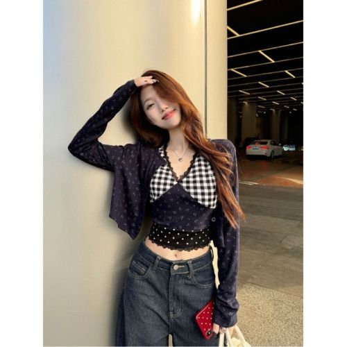 Design-sensual lace splicing dress sweet and cool hot girl suit for women spring short floral cardigan jacket two-piece set