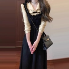 Spot square collar bow fake two-piece splicing dress autumn waist super fairy a-line long skirt