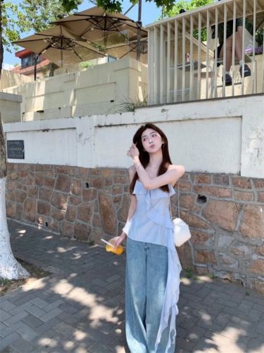 Korean holiday style layered suspender vest iris dress