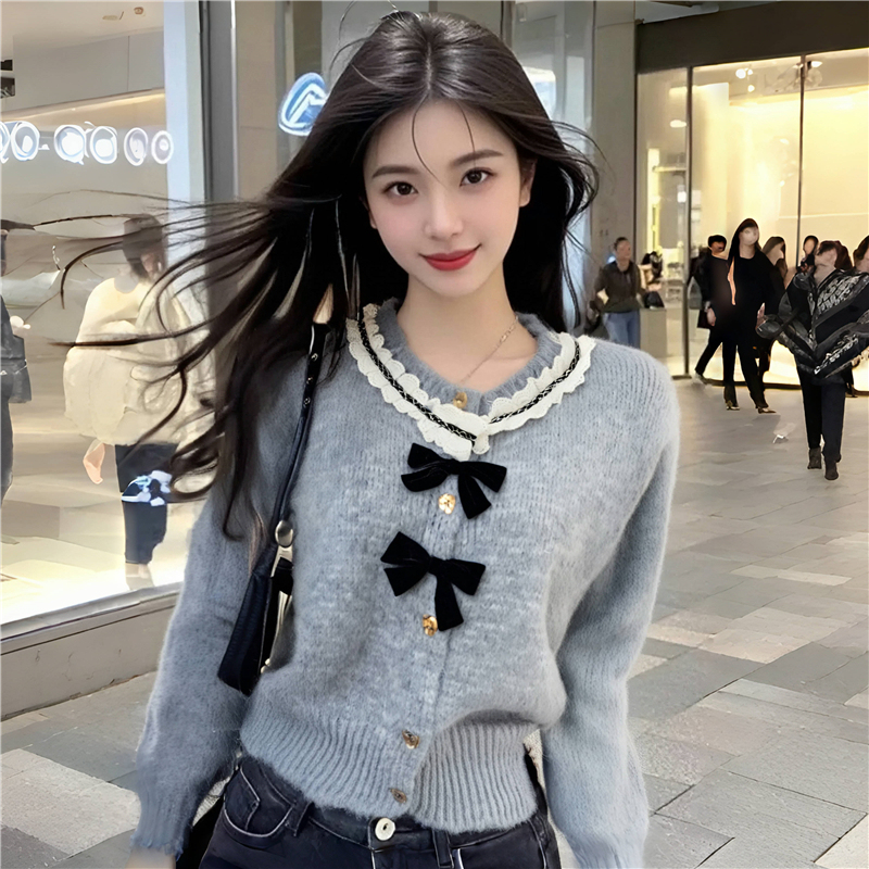 Winter round neck bow temperament small fragrance cardigan sweater women bow knitted sweater