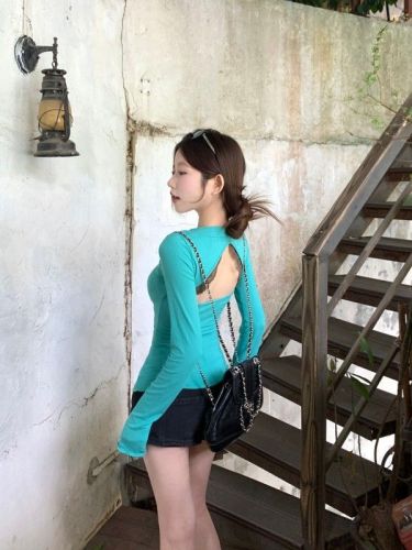 Spring V-neck backless sweater for women's design slim and pure slim top + chest pad lace inner lace