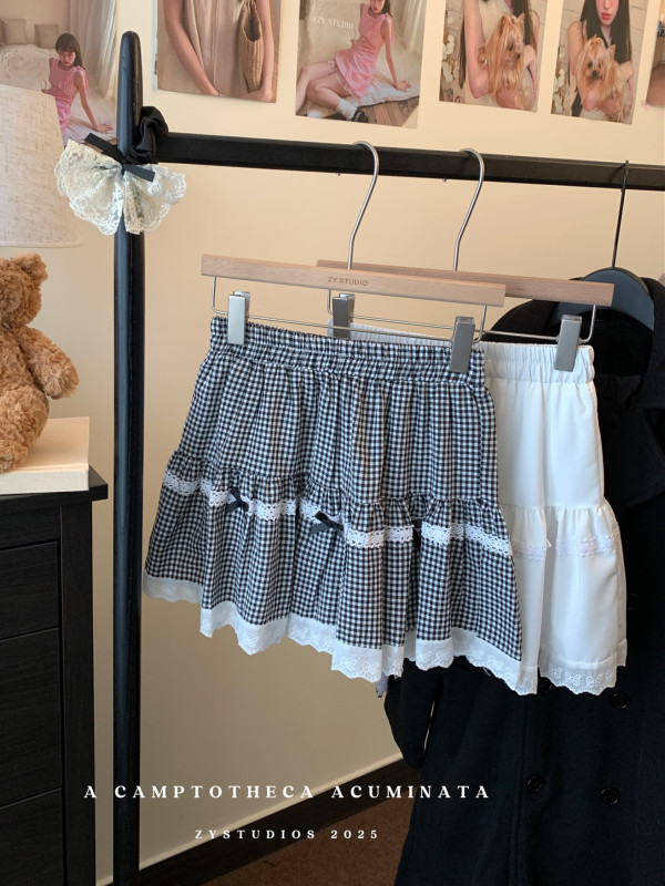 Cake skirt women's plaid bow lace fluffy skirt sweet skirt