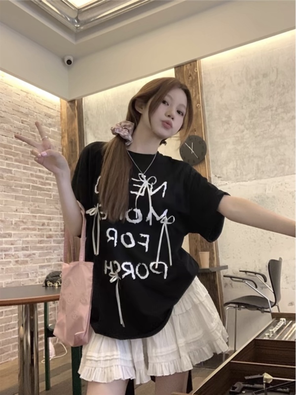 Letter Printed Bow Short Sleeve T-shirt for Women in Summer New Korean Loose and Casual Black Top