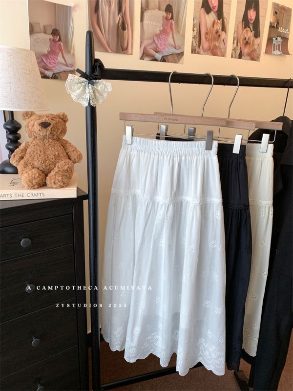 Retro white skirt women's high waist cake skirt long skirt