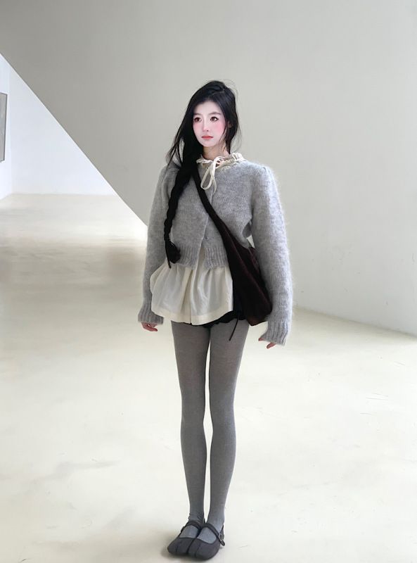 Black short skirt + lazy hooded shirt with black ears + mohair gray retro short sweater