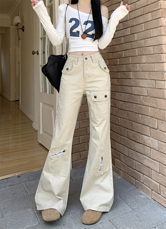 New American style design in spring, multi-pocket, straight-tight, high-waisted jeans, work-wear casual pants