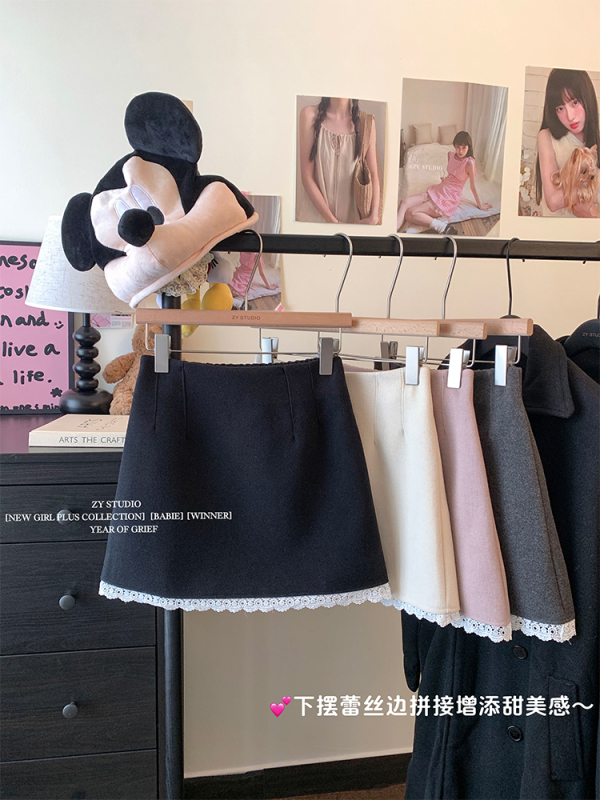 Lace spliced ​​wool skirt with high waist slim A-line anti-exposure hip-covered skirt